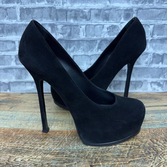 Yves Saint Laurent Tribtoo Black High Heel Suede Shoes Platform Pumps Women 41.5 - Picture 2 of 14